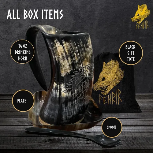 Vista 2 de FENRIR Cuerno vikingo para beber con taza de café y cuchara con plato Cuerno de buey auténtico nórdico Grado alimenticio medieval Bebidas