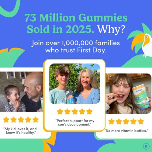 Vista 9 de First Day Gomitas multivitamínicas para niños de 4 años en adelante, fresa y naranja, vitaminas para niños, gomitas multivitamínicas A C D3 K2 B1 B2