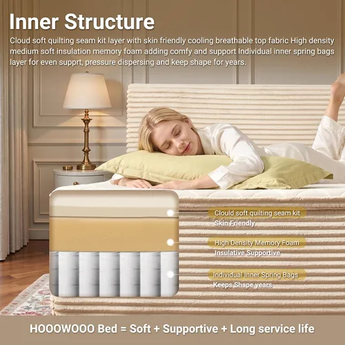 Vista 5 de Base de cama matrimonial sin hueso con cabecera de colchón, cama sin Beige