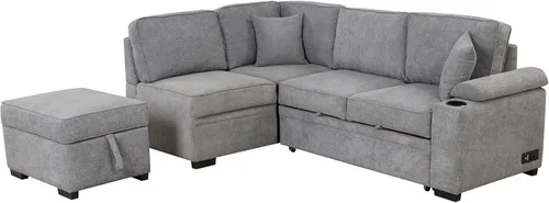 Vista 9 de Merax Sofá cama de 87.4 pulgadas, sofá cama extraíble 2 en 1, sofá cama en forma de L con otomana de almacenamiento para sala de estar, sofá