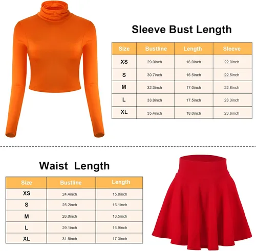 Vista 2 de Halloween Women Costume Set, Orange Turtleneck Mini Stretch Flared Skirt, Turtleneck Crop Top, High Socks, Glasses
