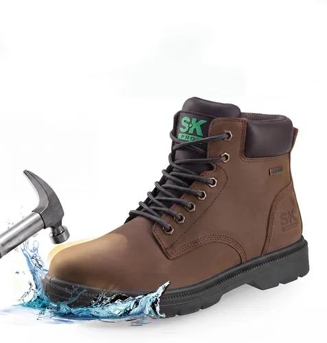 Vista 8 de SKPRO Botas de trabajo con punta de acero para hombre, botas de seguridad Cuero de chocolate Crazy Horse