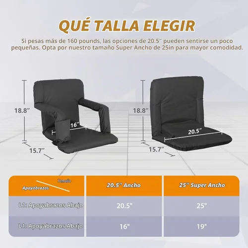 Vista 3 de Nova Microdermabrasion Asiento de estadio de 20.5 pulgadas / 25 pulgadas de ancho para gradas con soporte de espalda, cojín acolchado portátil Negro