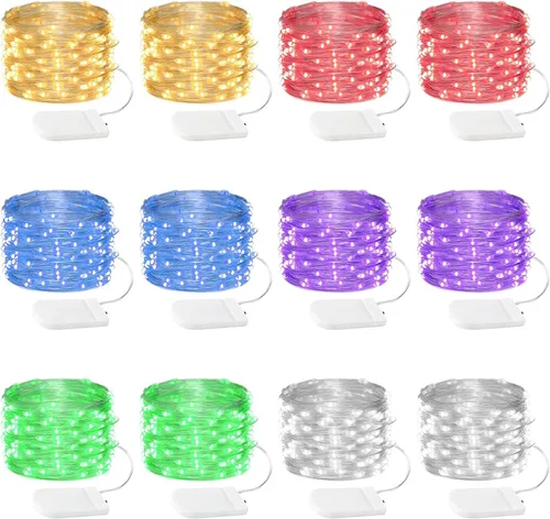 Vista 8 de Paquete de 12 luces de hadas con pilas, 7 pies, 20 luces LED, impermeables, alambre plateado, luces de Navidad para decoración al aire libre, mini