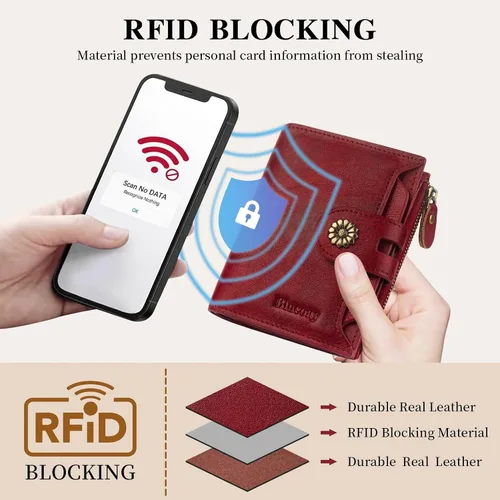 Vista 5 de Cartera de cuero con doble pliegue para mujer, bloqueo RFID, tarjetero compacto, cartera pequeña con ventana para identificación extraíble, A6-rojo