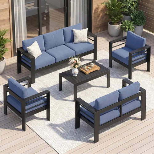Vista 29 de Solaste Sofá de aluminio para patio con mesa auxiliar, juego de 3 muebles de patio con cojines, sofá de exterior para todo tipo de clima