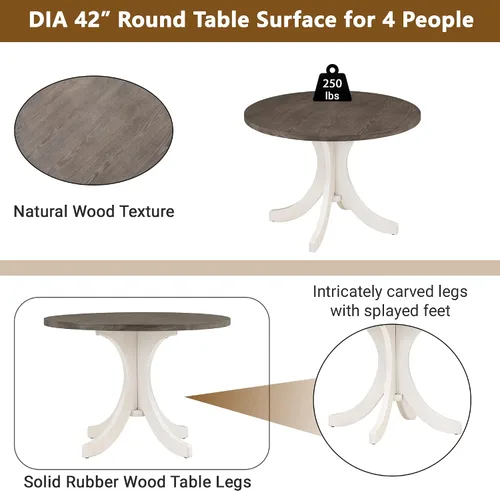 Vista 3 de Mid-Century - Juego de mesa de comedor redonda de 5 piezas de madera maciza, moderno juego de mesa de comedor para 4, mesa de comedor redonda de 42