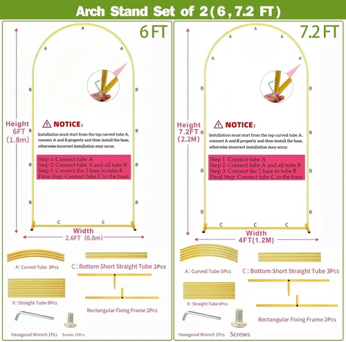 Vista 4 de Soporte de telón de fondo de arco de metal de 7.2 pies + 6 pies, juego de 2 soportes de fondo de arco dorado para fiestas, bodas, ceremonias, baby