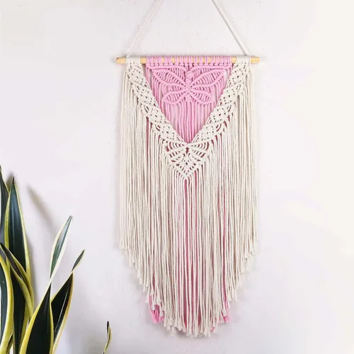Vista 17 de LB Colgante de pared de macramé rosa, decoración de pared de macramé bohemio, borla rosa y beige, bohemio, tejido a mano, macramé, decoración
