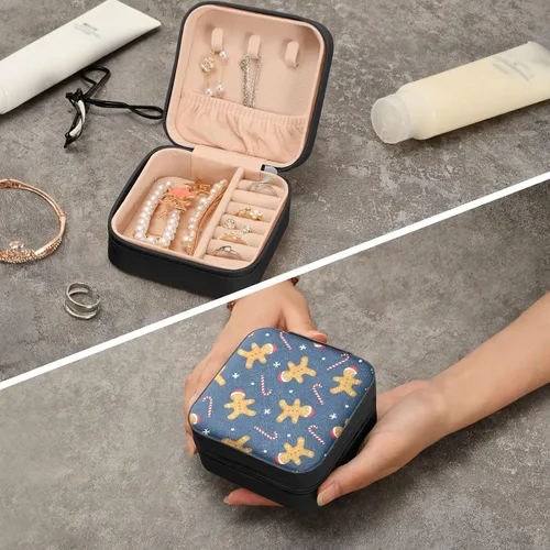 Vista 7 de Vnurnrn PU Leather Travel Jewelry Box, Gingerbread Man and Candy Cane Jewelry Case, Portable Small Jewelry Box Organizer for Women Girl, Travel
