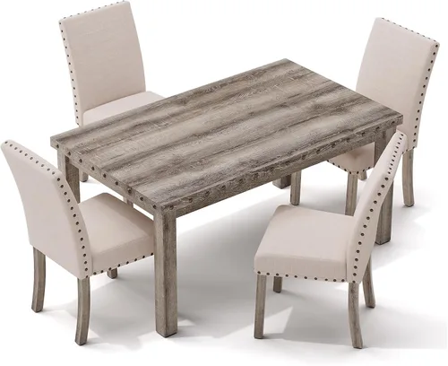Vista 9 de Morden Fort Juego de Comedor Estilo Granja para 4, Mesa Rectangular de Madera de 60" y 4 Sillas Tapizadas con Detalles de Tachuelas, Juego de Mesa