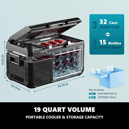 Vista 2 de EUHOMY Refrigerador de 12 voltios, 19 QT (18 L) congelador portátil, enfriador eléctrico -4℉~68℉, refrigerador de auto de 12V con puerta reversible