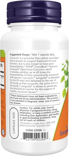 Vista 3 de Cápsulas CurcuBrain de Now Foods con 400 mg de curcumina optimizada, 50 cápsulas vegetarianas