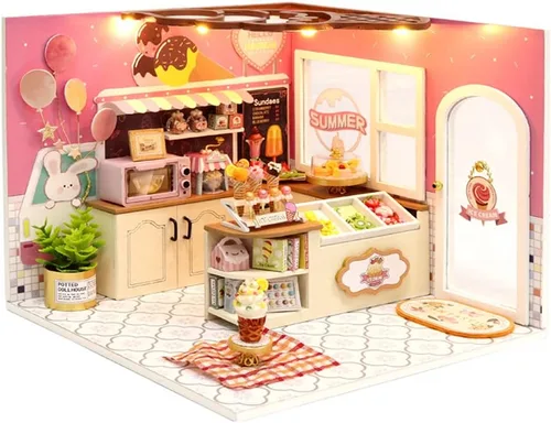 Vista 15 de TuKIIE Kit de casa en miniatura con muebles, a escala 1:100, sala creativa, mini casa de muñecas de madera, rincón de libro para niños, adolescentes