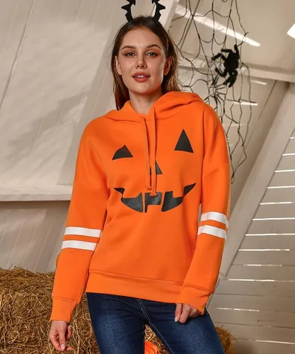 Vista 3 de Spadehill Sudaderas con capucha de esqueleto de calabaza de manga larga para mujer