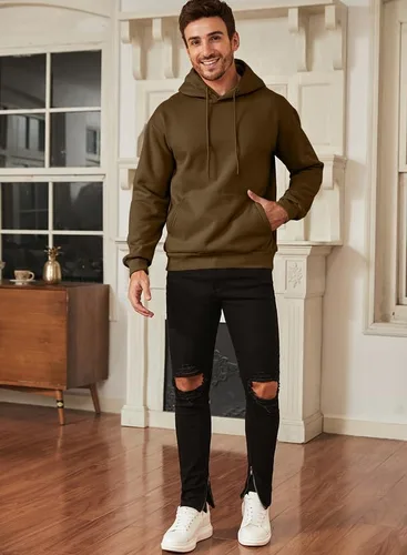 Vista 3 de JMIERR Sudaderas casuales de algodón con capucha y cuello de botón con cordón para hombre, sudaderas casuales de manga larga