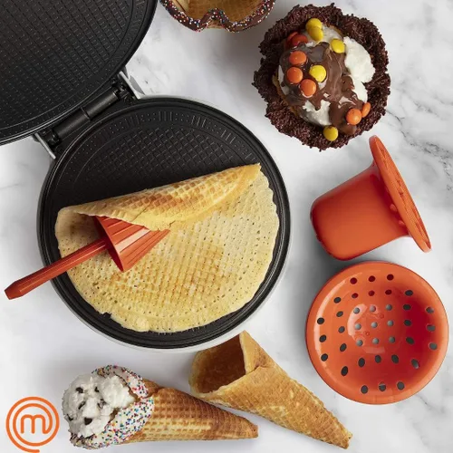 Vista 5 de MasterChef Máquina para hacer conos y tazones para gofres, incluye rodillo moldeador y prensa de cuencos, horneado casero, máquina de hierro