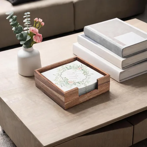 Vista 7 de Servilletero de madera cuadrado, soporte plano para servilletas, bandeja de madera para servilletas de almuerzo para cocina y baño