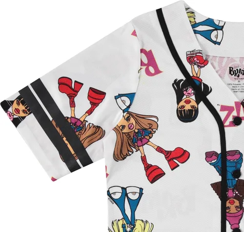 Vista 3 de Bratz Camiseta de béisbol para mujer, diseño de Yasmin, Cloe, Jade y Sasha con botones de malla