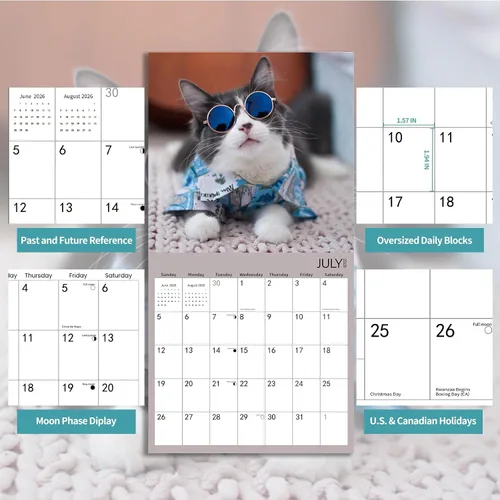 Vista 7 de Calendario de pared 2026, calendario de gatos 2026, calendario mensual de pared de baño de gatos, 12 x 24 pulgadas abierto, planificador familiar