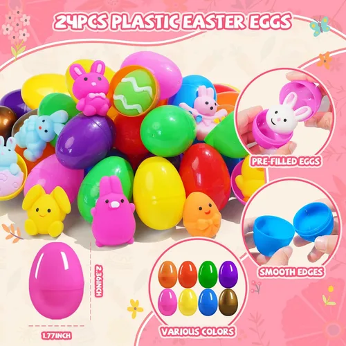 Vista 5 de 24 huevos de Pascua prellenados con juguetes esponjosos Mochi, huevos de plástico rellenos de Mochi Squishies para los sufrimientos de la cesta