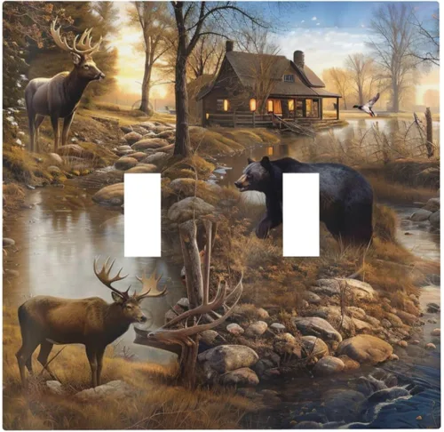 Vista 137 de Bear Moose Lodge Woodland - Placa de interruptor de luz dúplex individual de 1 banda, cubierta de salida decorativa de pared, placa frontal