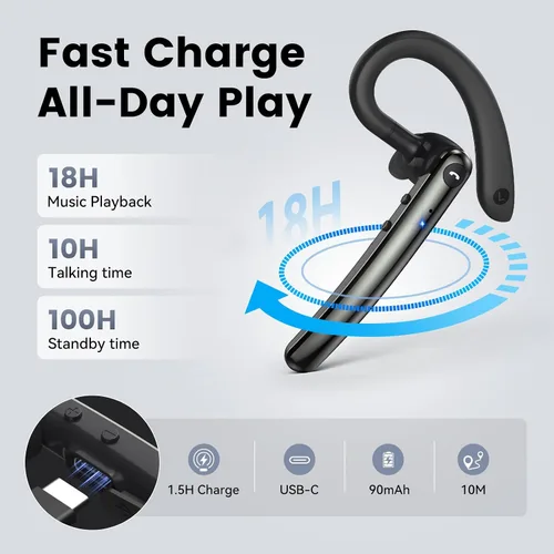 Vista 2 de Auriculares Bluetooth, auriculares inalámbricos Bluetooth 5.4 con 10 horas de tiempo de conversación manos libres, auriculares de una sola oreja
