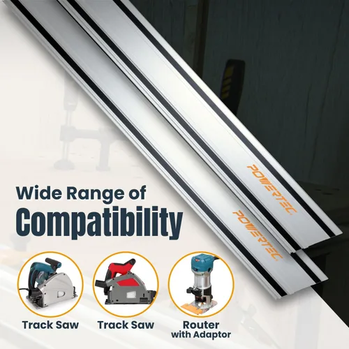 Vista 2 de Juego de unión de rieles guía POWERTEC de 110" para sierras de pista Milwaukee - Incluye 2x55" de rieles de aluminio extruido y conectores