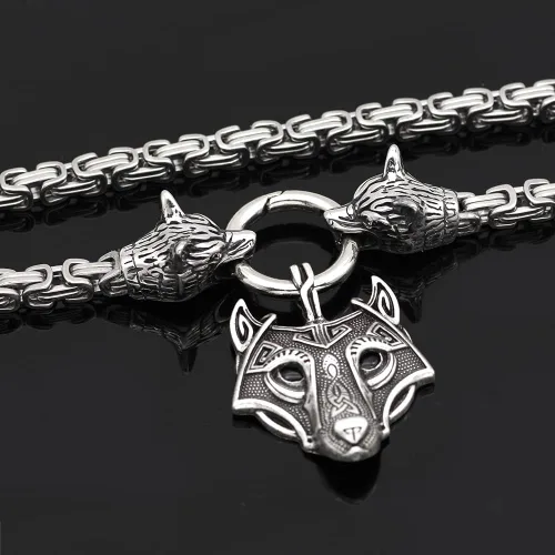 Vista 4 de Collar con colgante de lobo vikingo, cadena de rey bizantino para hombre, cadena de repuesto de 3.9in, amuleto de fenrir de acero de titanio sólido