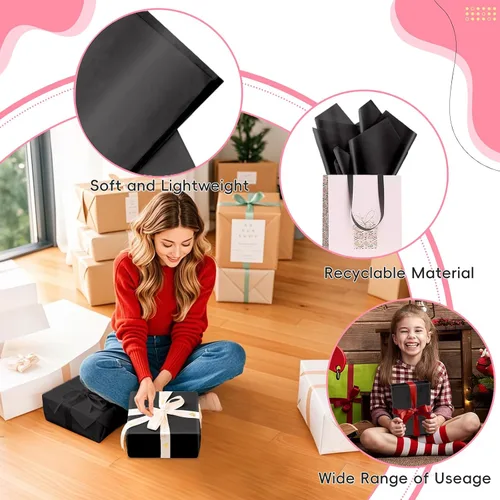Vista 4 de 50 hojas de papel de seda negro para bolsas de regalo, papel de seda negro a granel para bodas, cumpleaños, proyectos de bricolaje, Halloween