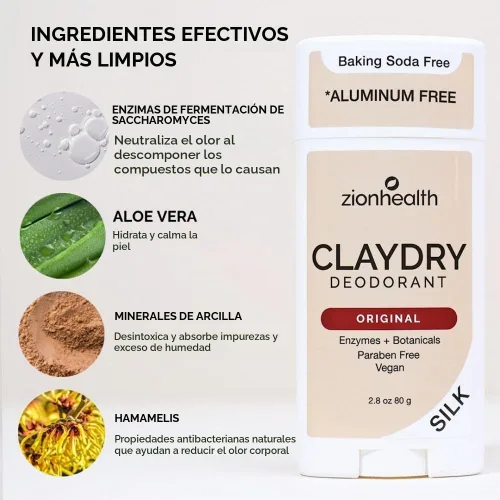 Vista 4 de Clay Dry Silk Desodorante Original Zion Health en barra de 2.8 onzas