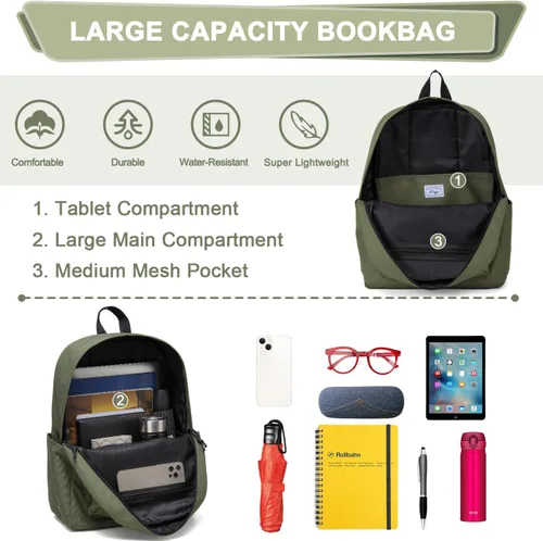 Vista 4 de Kasqo Mochila para mujeres y hombres, mochila clásica ligera y resistente al agua para adolescentes, niñas, niños, mochila informal de viaje escolar