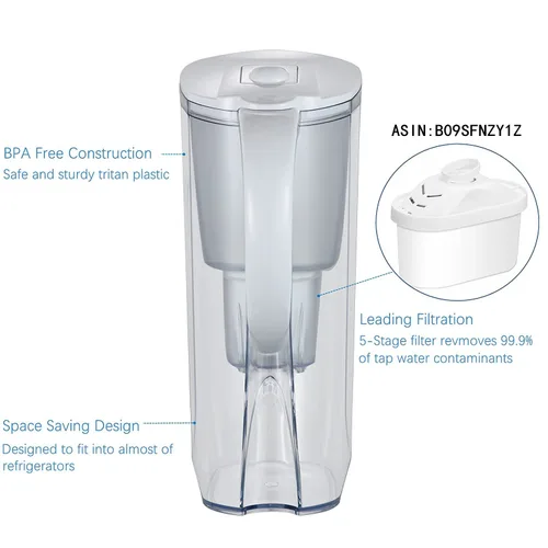 Vista 5 de Jarras de filtro de agua para agua potable con filtro de carbón activado, jarra de agua con filtro de 10 tazas de 150 galones, sin BPA y elimina