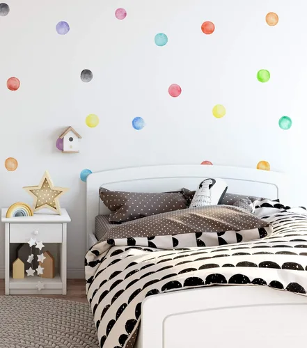 Vista 3 de Calcomanía de pared de lunares, acuarela, colorida, calcomanías de pared redondas, calcomanías de pared para despegar y pegar, decoración de pared