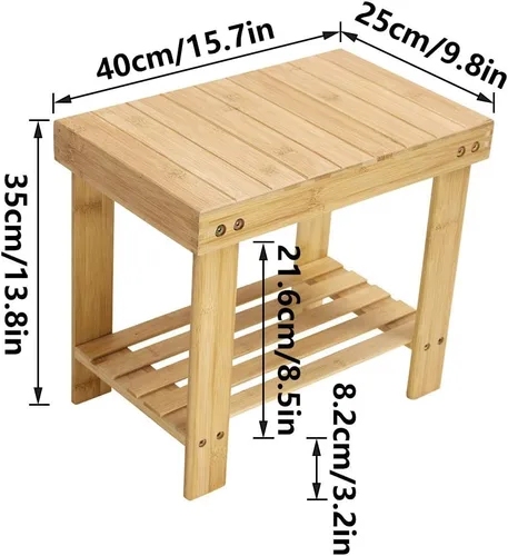 Vista 3 de Taburete de bambú KKTONER con banco de ducha y almacenamiento con estante, silla de pie para baño, sala de estar, dormitorio, color natural