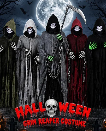 Vista 3 de Disfraz de la parca, capa con capucha de Halloween, disfraces de cosplay de Halloween para adultos