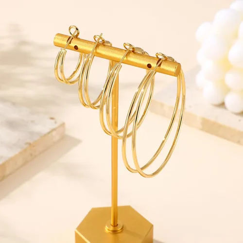 Vista 6 de Pendientes de aro dobles para mujer de moda con poste de plata de Dorado