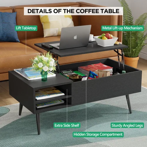 Vista 3 de PayLessHere Mesa auxiliar elevable de 39 pulgadas con almacenamiento ajustable y compartimento oculto, mesa de centro pequeña de madera