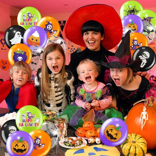 Vista 7 de Decoración de 50 globos de Halloween, adorables globos de látex de calabaza y araña espeluznante, fiesta de primer cumpleaños, suministros de ducha