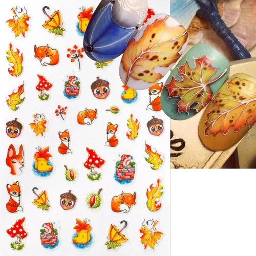 Vista 6 de Calcomanías de uñas de otoño 3D para mujer, hojas de arce de otoño, calcomanías de uñas para arte de uñas, dibujos animados, zorro, calabaza