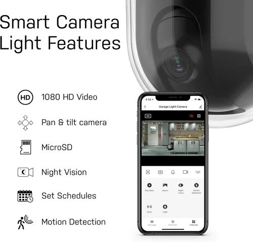 Vista 4 de Feit Electric Luz LED de techo de garaje con cámara, luz de garaje de seguridad inteligente WiFi 2.4GHz, base E26 atornillada, sensor de movimiento