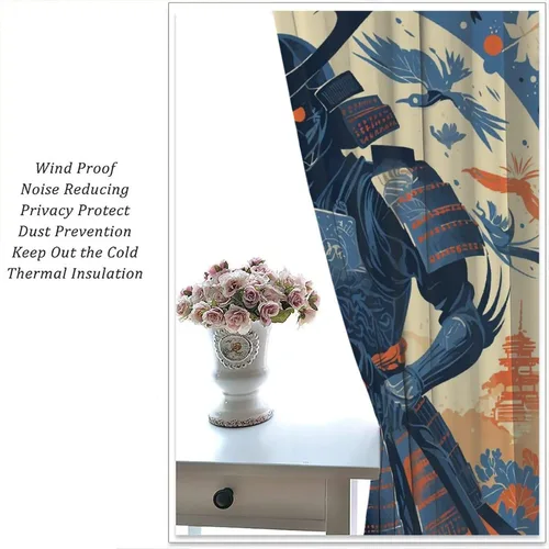 Vista 5 de Asian Japanese Samurai Blackout Curtains, Watercolor Floral Sun Mountain Art Style Window Drapes, for Kid Teens Boys Man Living Room Bedroom 42" W X