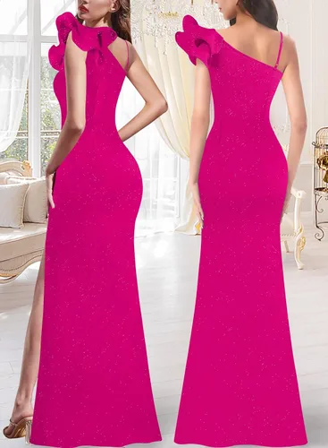 Vista 2 de VFSHOW Vestido largo con volantes y tirantes para mujer, fruncido, formal, para graduación, boda, cuello en V, elegante, dividido, cóctel, noche