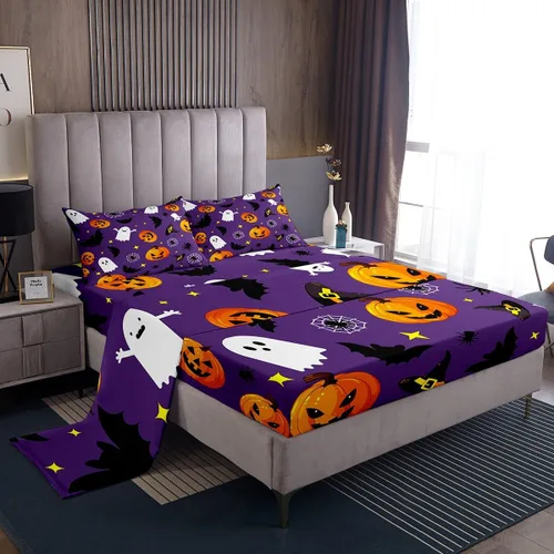 Vista 11 de Manfei Juego de sábanas de Halloween tamaño individual, juego de ropa de cama de farol de calabaza fantasmas para niños y niñas, decoración