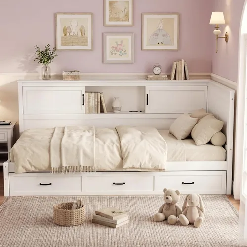 Vista 15 de Sofá cama de madera de tamaño individual con nido y cabecera en forma de L, marco de madera para sofá cama con barandilla rústica y soporte