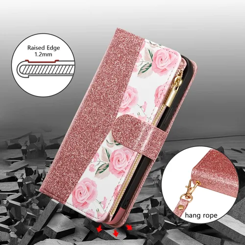Vista 5 de UEEBAI Funda tipo cartera para iPhone 13 Pro Max, funda de piel sintética con cierre magnético, bolsillo con cremallera, ranuras para tarjetas