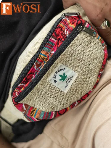 Vista 6 de FWOSI Hippie Style Riñonera de cáñamo puro para el vientre, para hombres y mujeres, para senderismo, viajes, bolsa de playa bohemia para uso