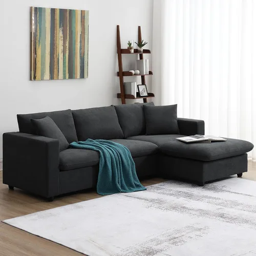 Vista 7 de Tmsan Sofá de nube en forma de L negro de 100.4 pulgadas, sofá modular moderno con diván otomano convertible para sala de estar, apartamento