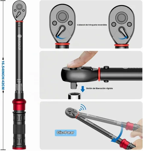 Vista 4 de SUERCUP - Llave dinamométrica de clic de 100 dientes de próxima generación, 1/2 pulgada, 10-170 pies 13.6-230.5 N.m, ±3% Accuracy, 3.6° Arc Swing