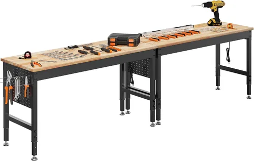 Vista 10 de CAMMOO Banco de trabajo ajustable de 96" de carga pesada, capacidad de carga de 2000 LBS, mesa de trabajo de madera de goma con tablero perforado